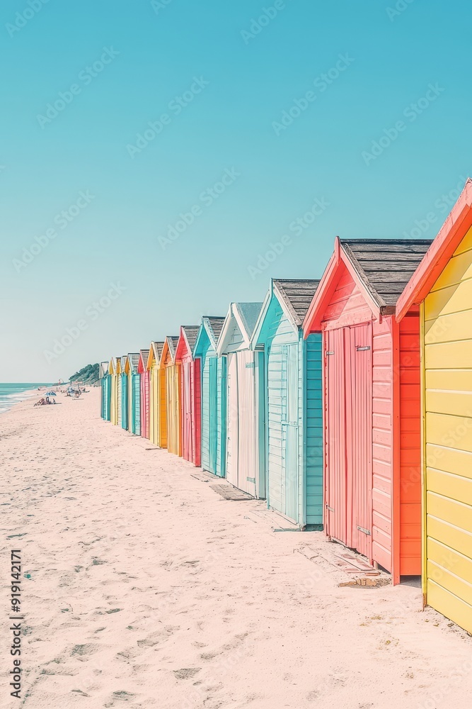 Colorful Beach Huts on Sandy Beach with Blue Sky - Summer Vacation Concept. Colorful Beach Huts on Sandy Beach with Blue Sky - Summer Vacation Concept.