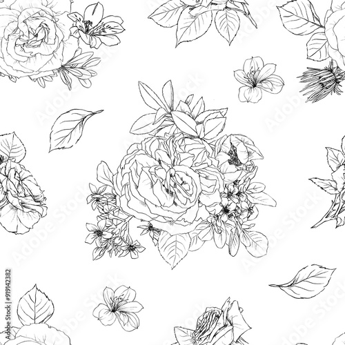 Hand drawn pencil graphic illustration seamless pattern of vintage flowers