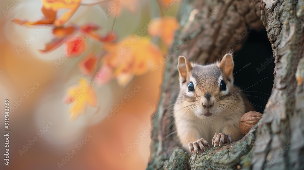 A chipmunk stores nuts in a tree hollow, surrounded by vibrant autumn leaves in a calm forest. A chipmunk stores nuts in a tree hollow, surrounded by vibrant autumn leaves in a calm forest.