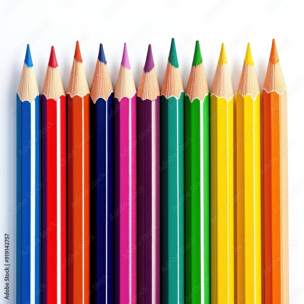 Row of Colorful Pencils on White Background - Art Supplies, School, Creativity Row of Colorful Pencils on White Background - Art Supplies, School, Creativity