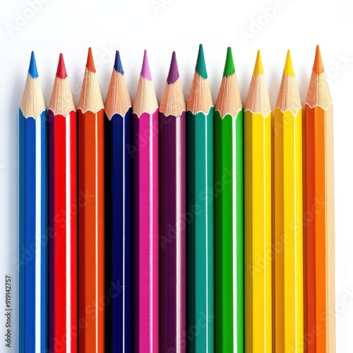 Row of Colorful Pencils on White Background - Art Supplies, School, Creativity