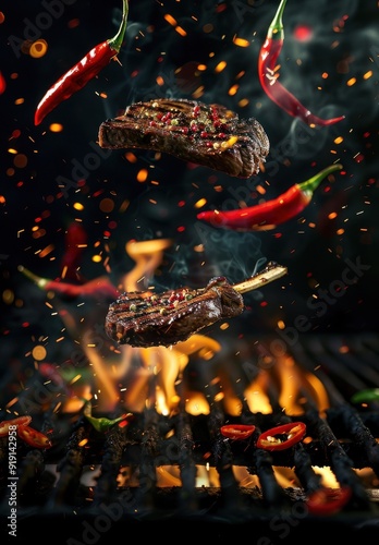 Colorful shish kebabs on the grill with flames and burning wood chips, black background