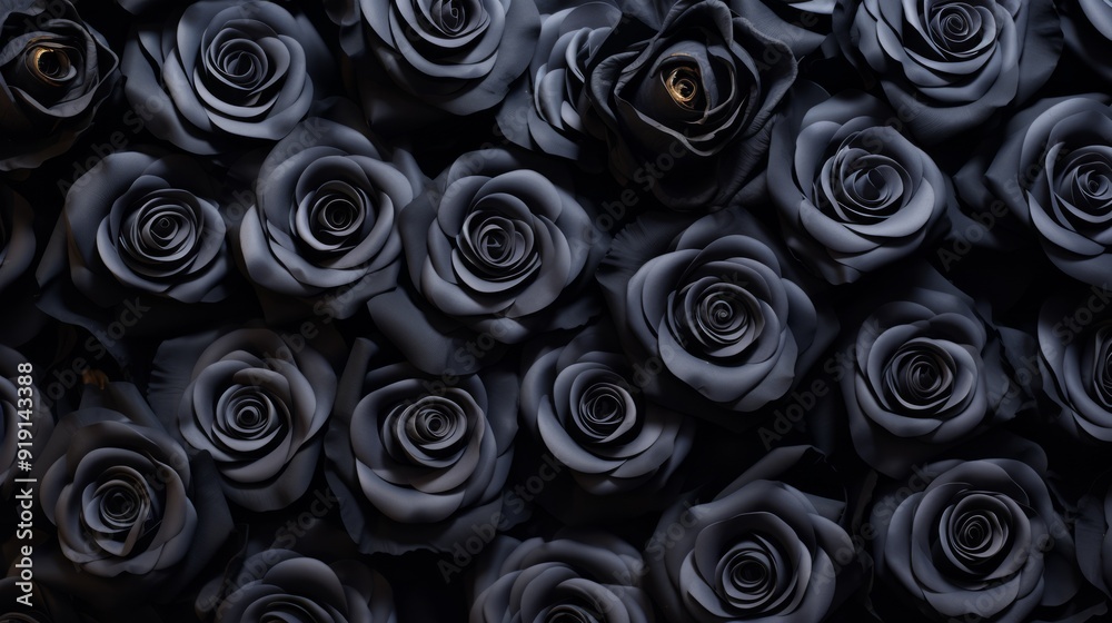 Many black roses in dark scene close up. Romantic or gothic background. Neural network ai generated art