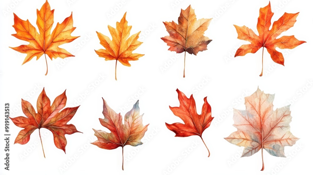 This collection features maple leaves isolated on a white background. Inks are pink, orange, and green with a gold finish. This collection features maple leaves isolated on a white background. Inks are pink, orange, and green with a gold finish.