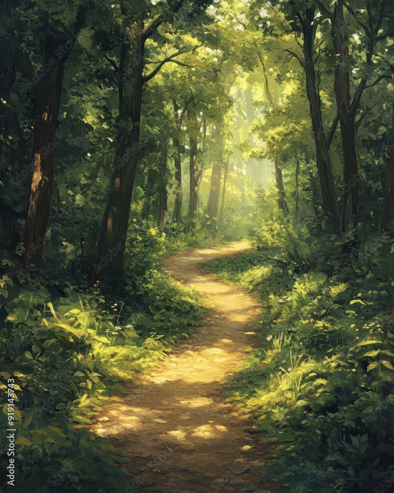 Obraz premium Sunlit Forest Path with Lush Green Foliage and Sunlight Streaming Through Trees.