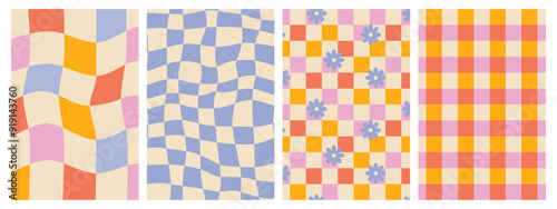Groovy hippie 70s posters. Checkerboard, chessboard, mesh, waves patterns. Twisted and distorted vector texture in trendy retro psychedelic style. Y2k aesthetic.