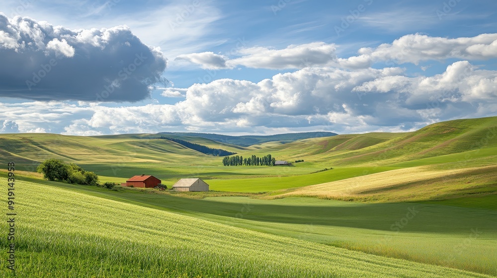 Obraz premium Rolling Green Hills with Farmhouses and Dramatic Clouds in the Palouse Region