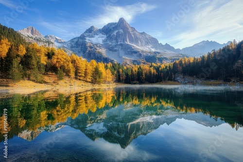 Stunning Autumnal Mountain Lake with Reflection, Snow-capped Peaks and Golden Trees.