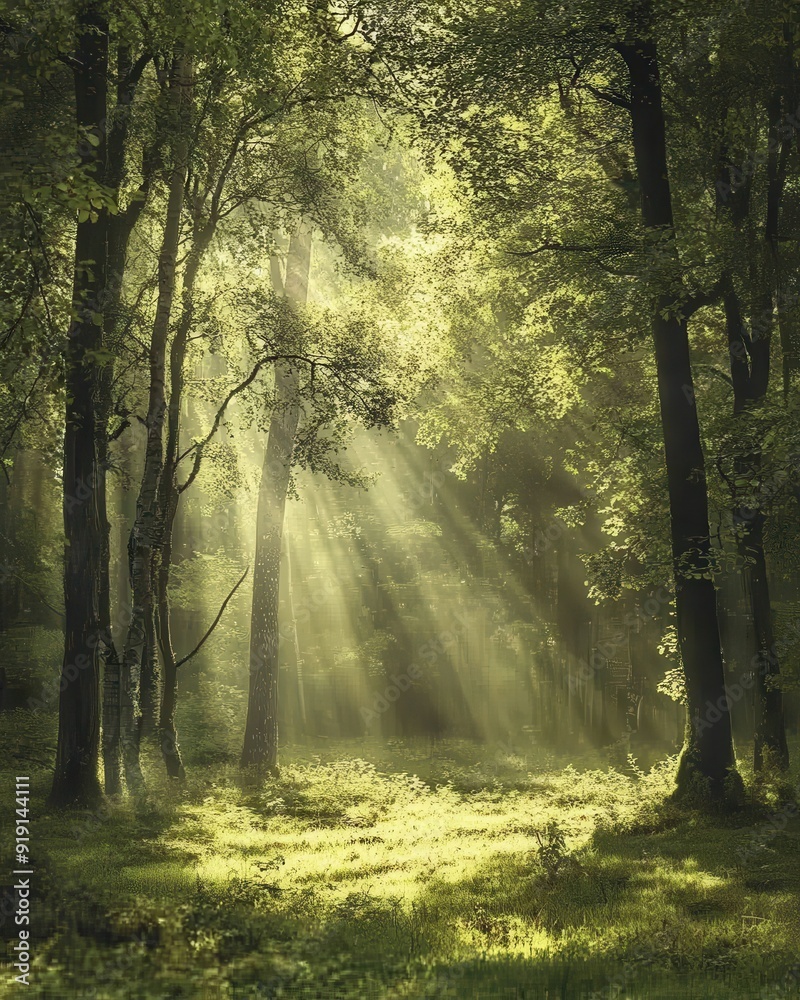 Obraz premium Sunbeams Filtering Through a Lush Green Forest - Nature Photography.