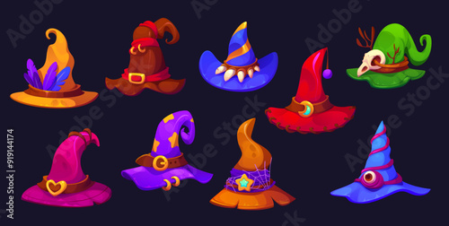 Halloween holiday witch hats, wizard or magician magic caps, vector Halloween trick or treat party witchcraft costume. Cartoon witch hats with scary skull, eyeball and cobweb, star and moon buckles