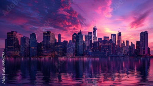 A dynamic cityscape at dusk with the sky painted in shades of pink and purple, skyscrapers reflecting the colors, and city lights beginning to twinkle, showcasing the beauty of an urban sunset