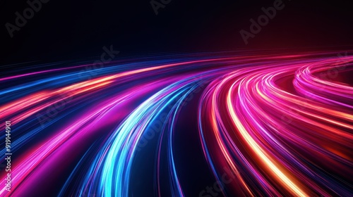 Abstract Neon Light Trails - Pink, Blue, and Yellow Swirling Lines on Black Background.