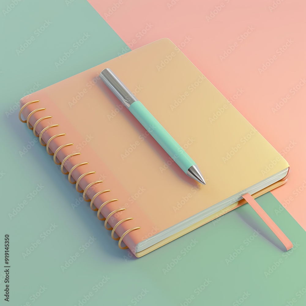 A 3D graphic of a pastel-colored notebook and pen set, lying flat on a soft-colored desk, with subtle shadows to add depth. 8k UHD, suitable for high-quality printing or digital display. A 3D graphic of a pastel-colored notebook and pen set, lying flat on a soft-colored desk, with subtle shadows to add depth. 8k UHD, suitable for high-quality printing or digital display.