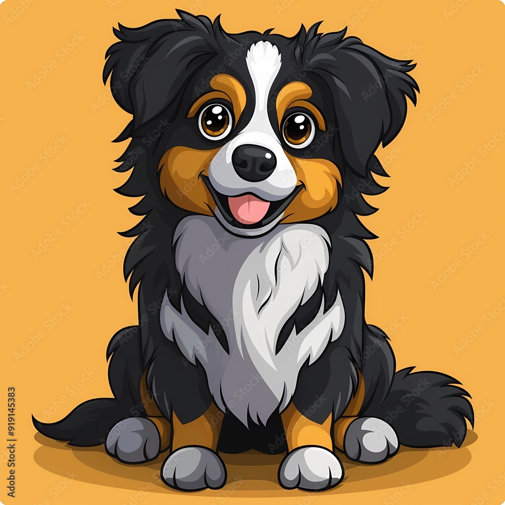 Cute cartoon illustration of a happy Bernese Mountain Dog with expressive eyes.