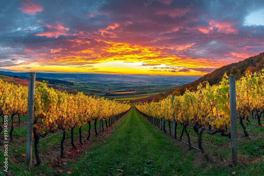 In a rich autumn vineyard landscape at sunset, weinherbst German wine region creates a seasonal winemaking concept In a rich autumn vineyard landscape at sunset, weinherbst German wine region creates a seasonal winemaking concept