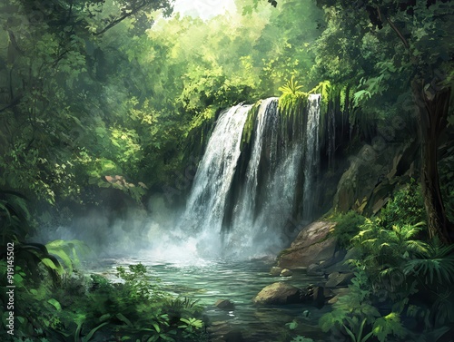 Lush Rainforest Waterfall with Misty Pool - Tranquil Nature Scene.