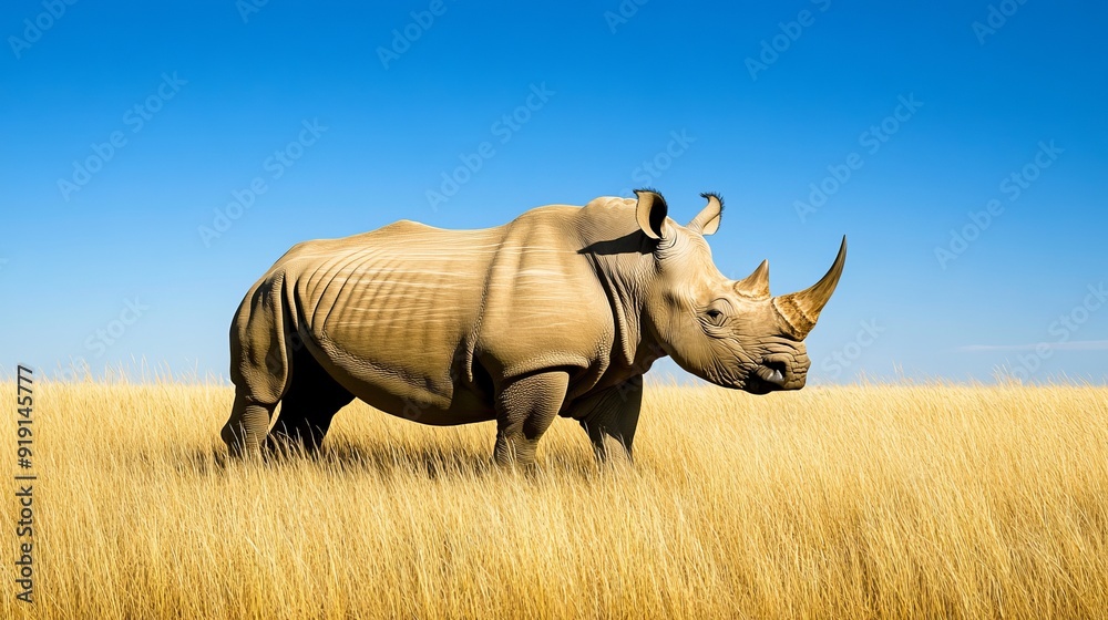 Obraz premium Powerful Rhino Standing Tall in African Savanna Grass