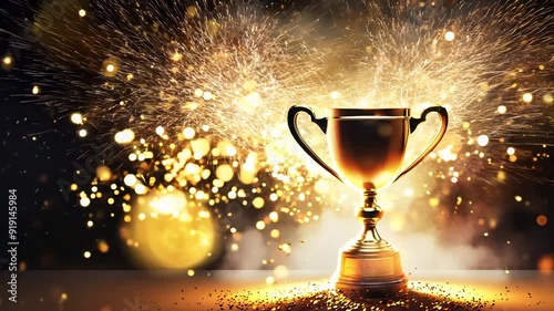 Golden trophy with sparkling confetti on a dark background. Video of award and celebration concept