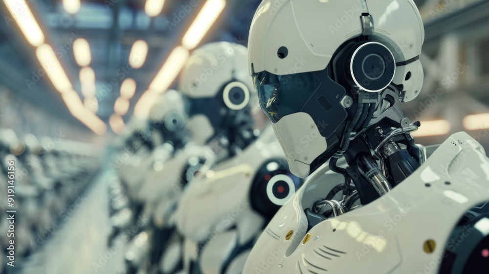 Image of white humanoid robots in a factory, with focus on one robot's sleek design. Dim lighting, futuristic feel, others blurred in background. Image of white humanoid robots in a factory, with focus on one robot's sleek design. Dim lighting, futuristic feel, others blurred in background.
