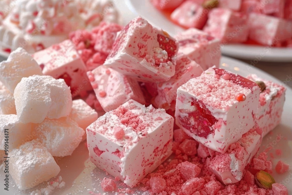 Turkish delight cubes with pistachios on a plate, traditional sweet, colorful, isolated background. Turkish delight cubes with pistachios on a plate, traditional sweet, colorful, isolated background.