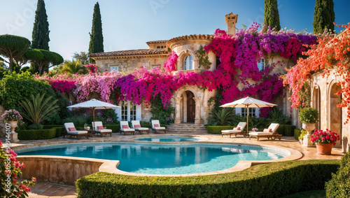 Wallpaper Mural Luxurious stone villa with swimming pool surrounded by blooming bougainvillea Torontodigital.ca