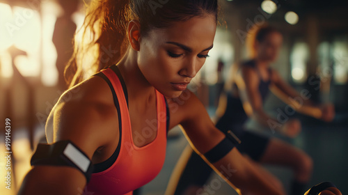 People using fitness technology such as wearable fitness trackers, smartwatches, for fitness while working out in a gym