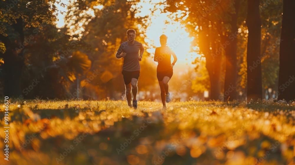Two men jogging in a park with autumn trees, bathed in golden sunlight. Serene and tranquil atmosphere captured with no text in the image. Two men jogging in a park with autumn trees, bathed in golden sunlight. Serene and tranquil atmosphere captured with no text in the image.