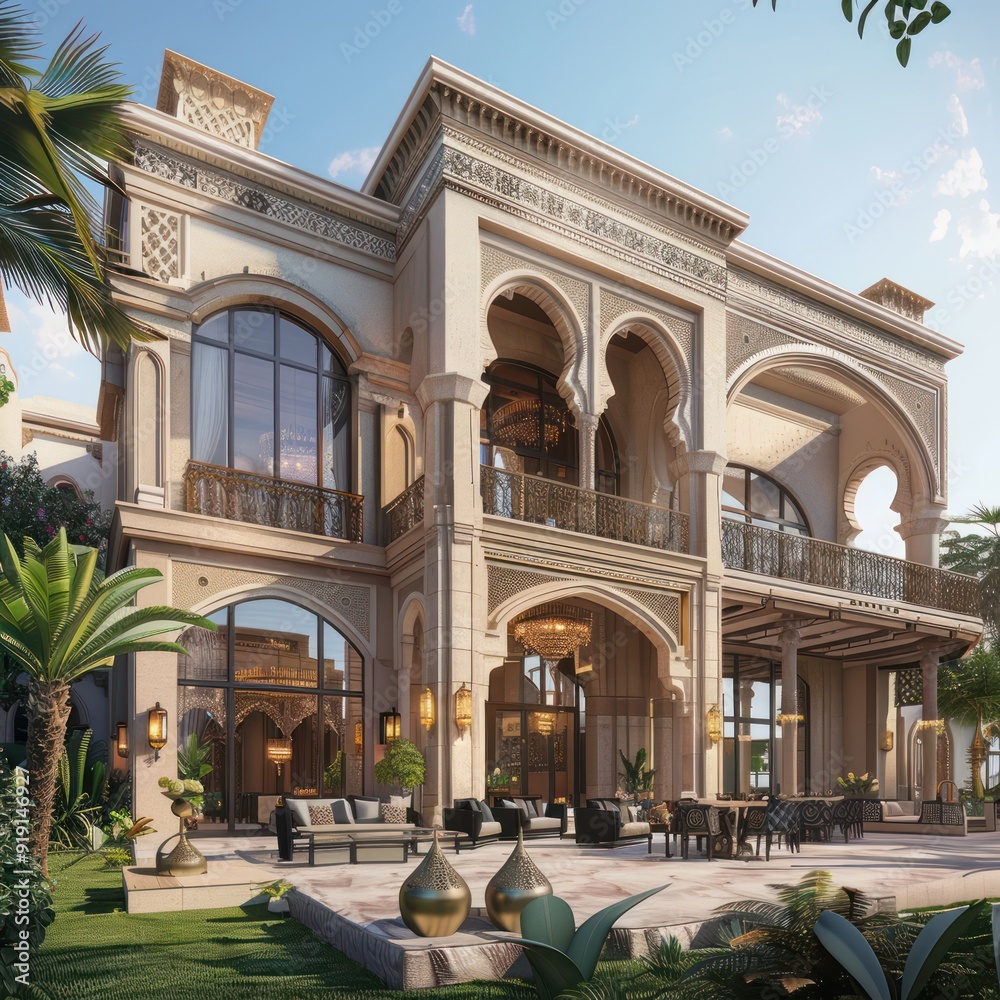 Obraz premium Modern Islamic-style mansion with ornate detailing and lush landscaping