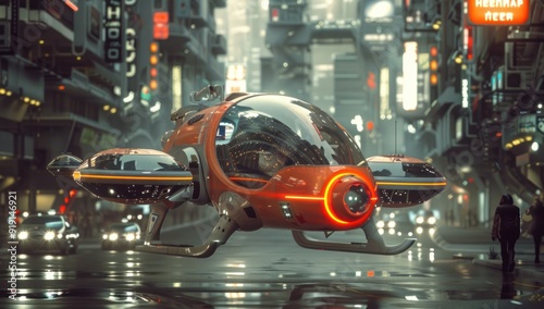 Futuristic Cityscape with Flying Vehicle