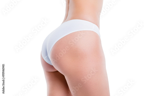 Healthcare lifestyle laser epilation depilation concept. Profile side cropped close-up of nice sportive hips skinny girl isolated over light gray background