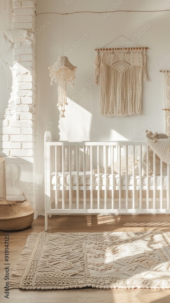 A serene boho nursery with neutral tones, a white crib, and macramé decor. Sunlight streams in through a large window, creating a peaceful ambiance for a baby's room. A serene boho nursery with neutral tones, a white crib, and macramé decor. Sunlight streams in through a large window, creating a peaceful ambiance for a baby's room.