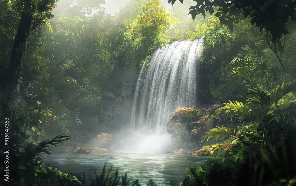 Lush Rainforest Waterfall with Misty Pool. Lush Rainforest Waterfall with Misty Pool.