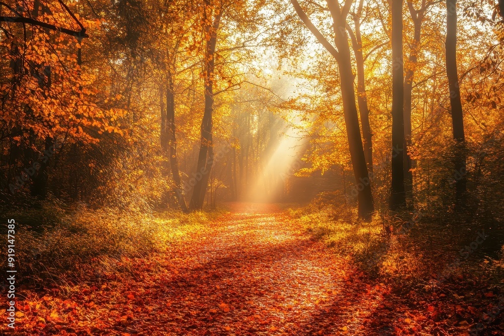 Fototapeta premium Golden Autumn Forest Path with Sunlight Rays and Foggy Atmosphere.