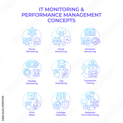 IT monitoring and performance management blue gradient concept icons. Development operations. Icon pack. Vector images. Round shape illustrations for infographic, presentation. Abstract idea