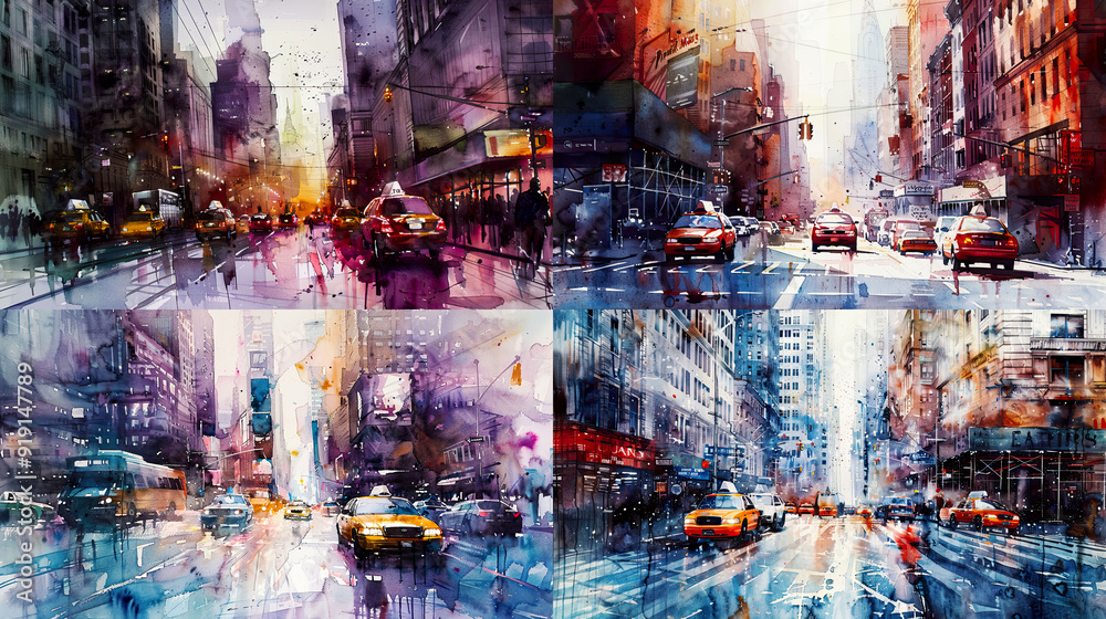 Urban cityscapes in watercolor, featuring layered washes that capture the hustle and bustle of city life with dynamic colors and textures Urban cityscapes in watercolor, featuring layered washes that capture the hustle and bustle of city life with dynamic colors and textures