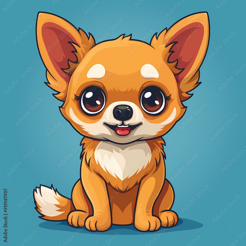 Cute cartoon Chihuahua with big eyes and fluffy fur on a vibrant blue background. Cute cartoon Chihuahua with big eyes and fluffy fur on a vibrant blue background.