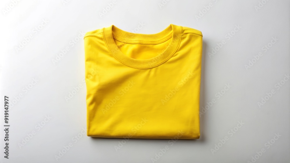 Bright yellow t-shirt folded neatly on a clean white background, surrounded by blank space, waiting for customization or design elements to be added. Bright yellow t-shirt folded neatly on a clean white background, surrounded by blank space, waiting for customization or design elements to be added.