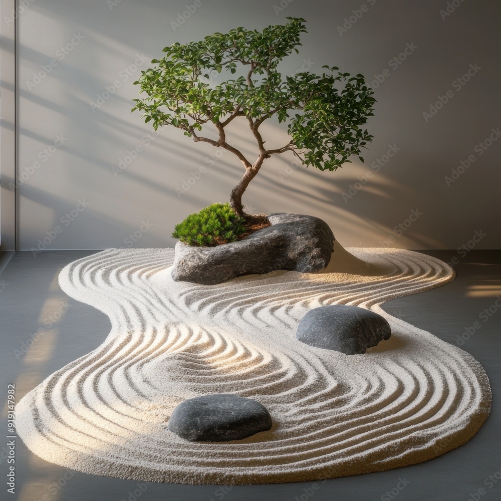 Zen Garden with Bonsai Tree and Stones in Minimalist Setting. Zen Garden with Bonsai Tree and Stones in Minimalist Setting.