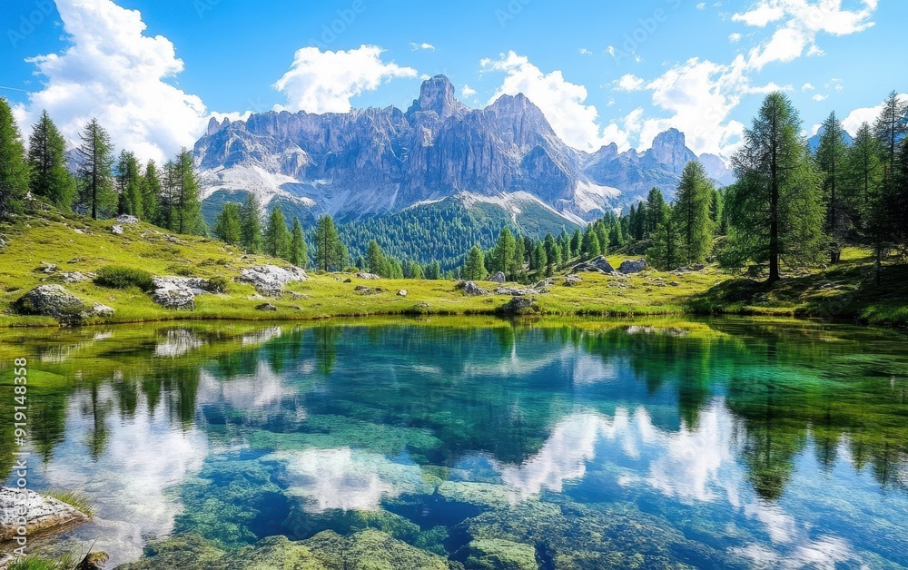 Picturesque Mountain Lake with Clear Reflection of Majestic Peaks and Sky.