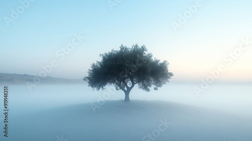 The image shows a solitary oak tree standing in a misty meadow beneath a blue sky, surrounded by a tranquil countryside landscape.