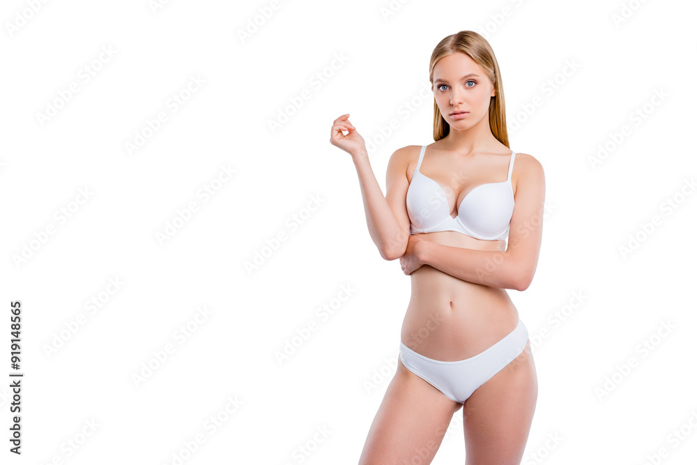 Portrait of nice lovely sweet tender delicate attractive sportive skinny girl with perfect figure healthy lifestyle salon procedure isolated over light gray background Portrait of nice lovely sweet tender delicate attractive sportive skinny girl with perfect figure healthy lifestyle salon procedure isolated over light gray background