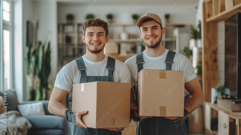 Two men are smiling and holding cardboard boxes Two men are smiling and holding cardboard boxes
