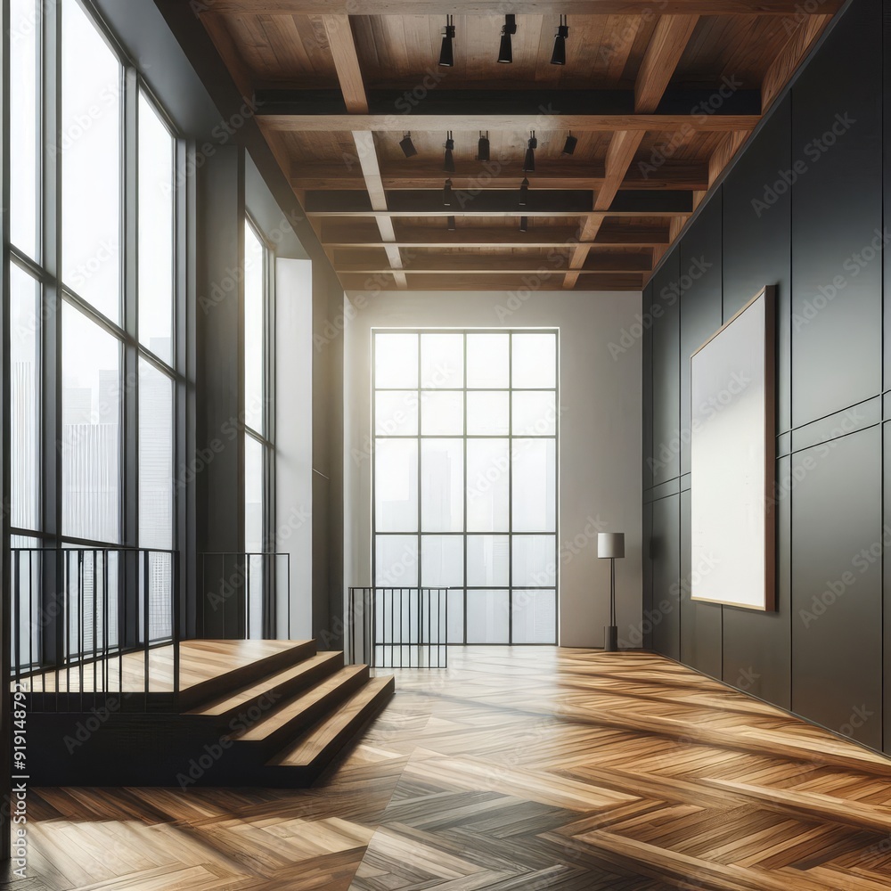 Fototapeta premium Modern empty gallery interior with mock up place on dark wall, wooden, flooring and windows with daylight. 3D Rendering.