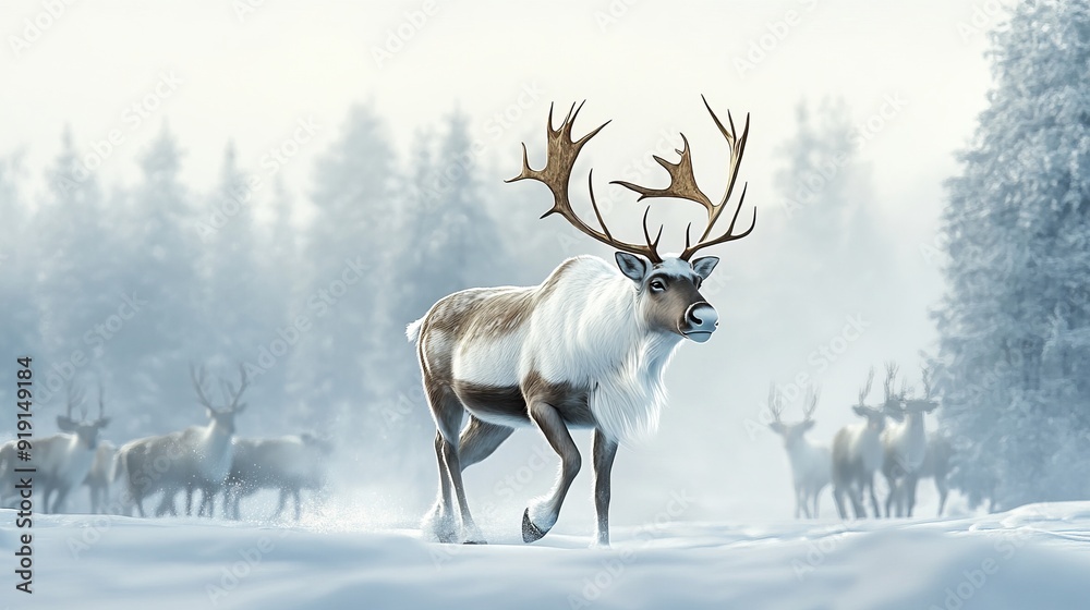 Obraz premium Majestic Reindeer Leads Herd Across Snowy Landscape