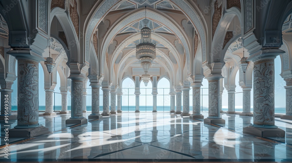 Ornate Interior With Arched Windows and Ocean View Ornate Interior With Arched Windows and Ocean View