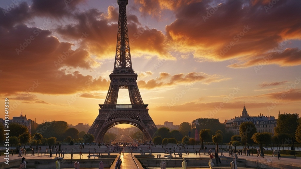 Naklejka premium A vibrant sunset over the Eiffel Tower in an artsy Parisian landscape.