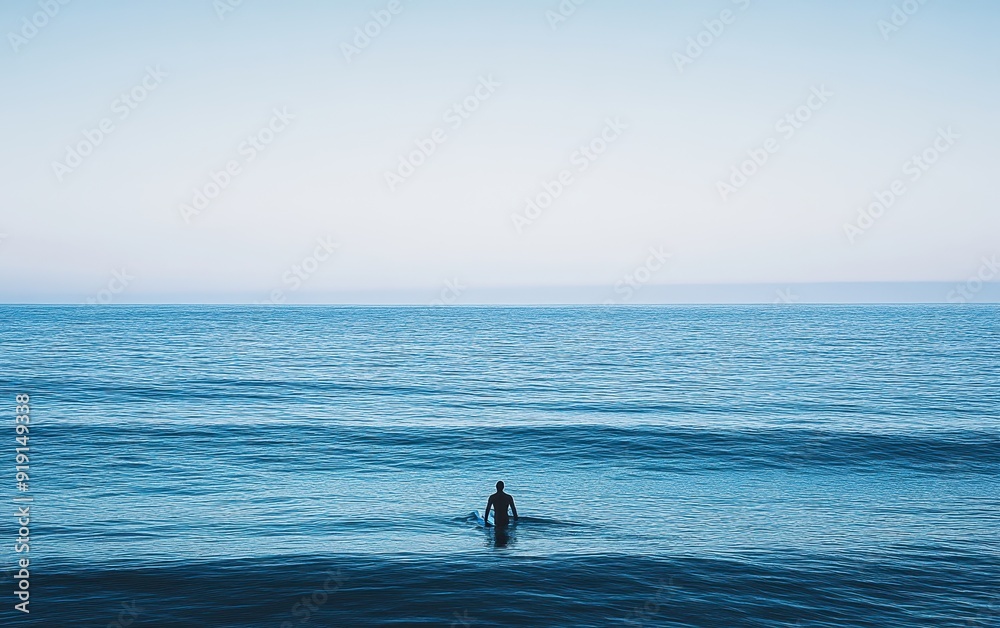 Fototapeta premium Silhouette of a Surfer on a Calm Ocean with Blue Skies.