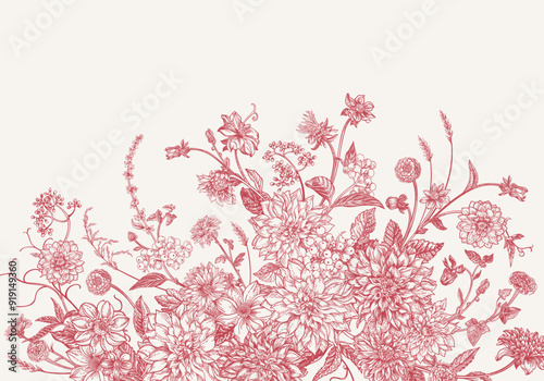 Vintage card with garden flowers in engraving style. Bouquet with chrysanthemums, dahlias, dogwood berries, zinnias, spikelets. Vector botanical detailed illustration. Red.