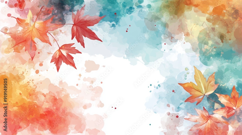 An abstract watercolor background with autumn leaves with a foliage frame and copy space for a greeting card. An abstract watercolor background with autumn leaves with a foliage frame and copy space for a greeting card.