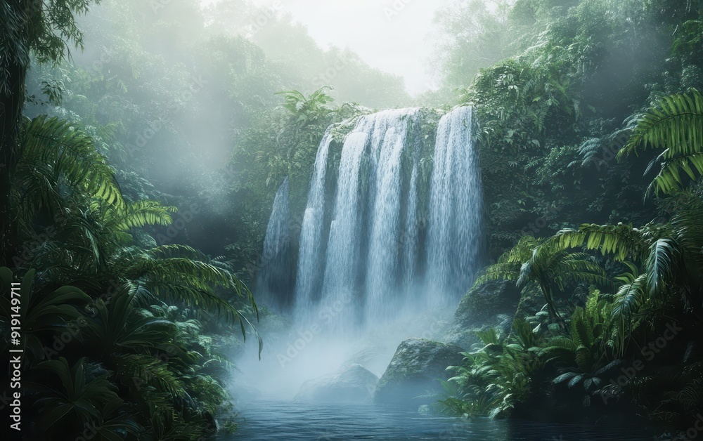 Fototapeta premium Lush Rainforest Waterfall with Misty Atmosphere and Tropical Plants.